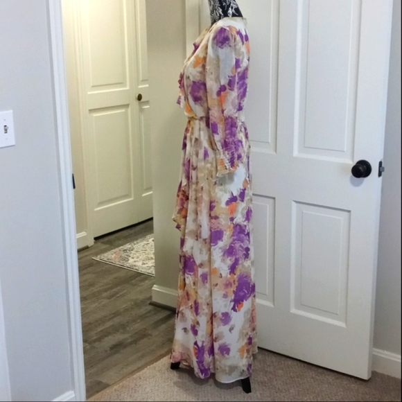 💜Taylor💜 - Purple/Peach/Cream Floral Chiffon Ruffle L/S V-Neck Midi Dress - Picture 6 of 16